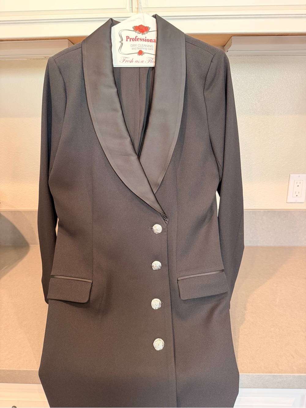 WHBM Women's Black Satin-Collar Long Coat Dress - Size 10
